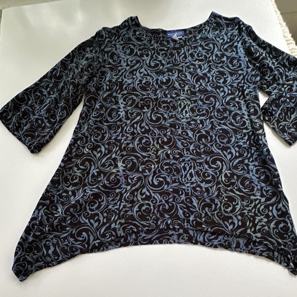 Mexicali Blues Womens S Tunic Top Black Blue Scroll 3/4 Sleeve Rayon Asym Hem